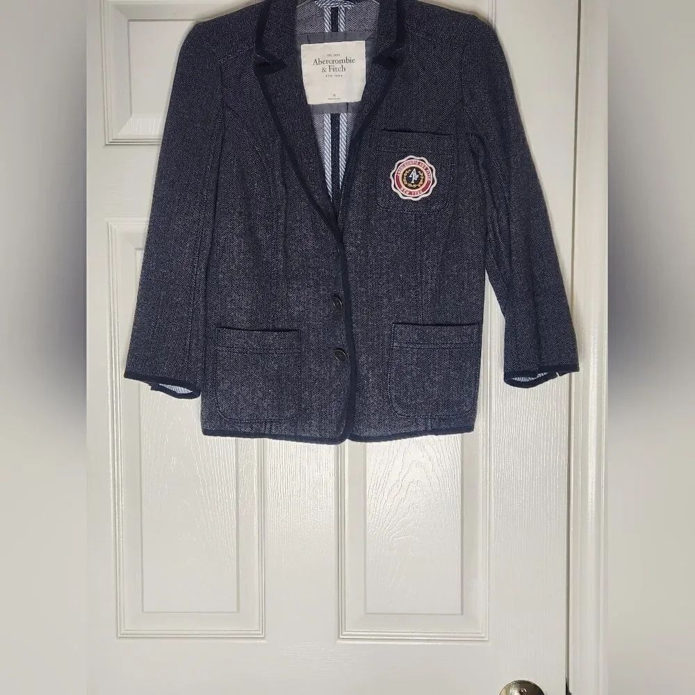 Abercrombie & Fitch M Gray Herringbone WOOL Blend Pockets 3 Buttons Women Blazer